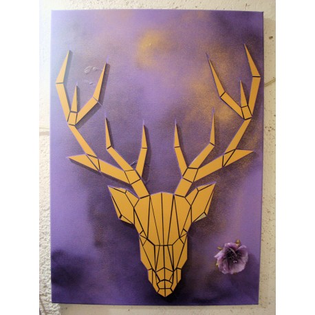 Peinture sur toile avec cerf en relief en bois